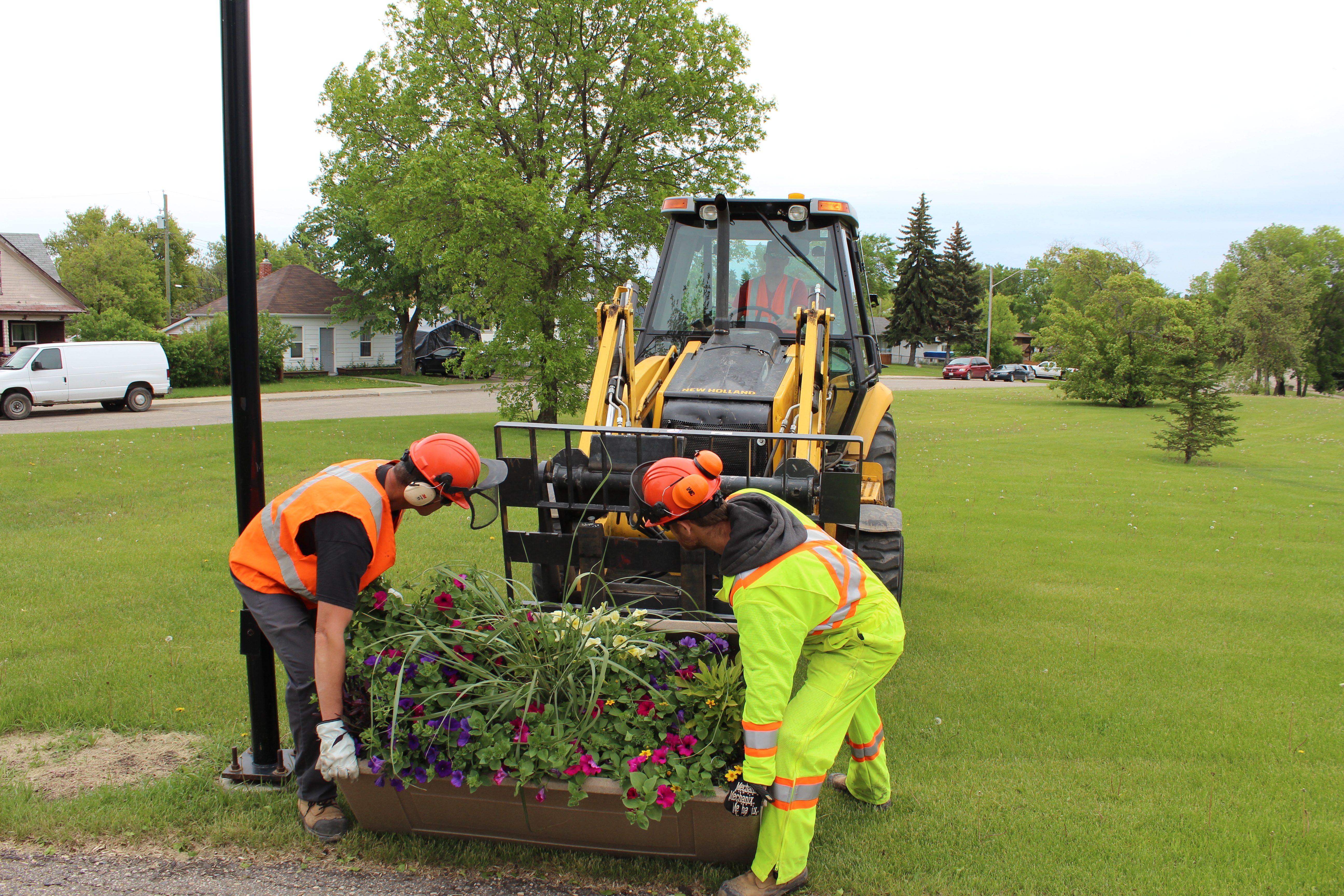 City workers placing flowers around Brandon