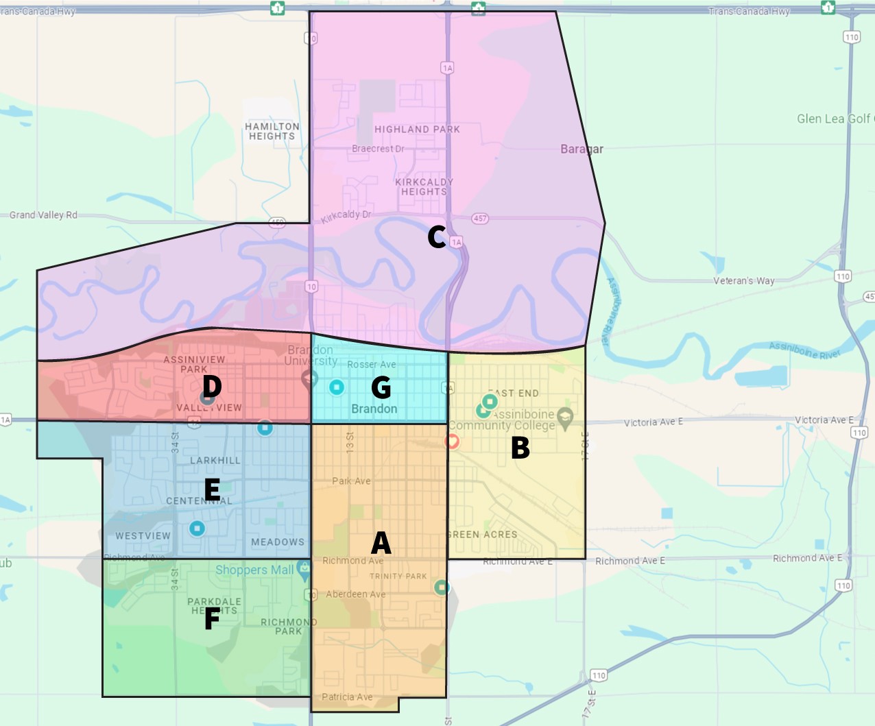 A map of Brandon divided into lettered sections illustrating zones A through G
