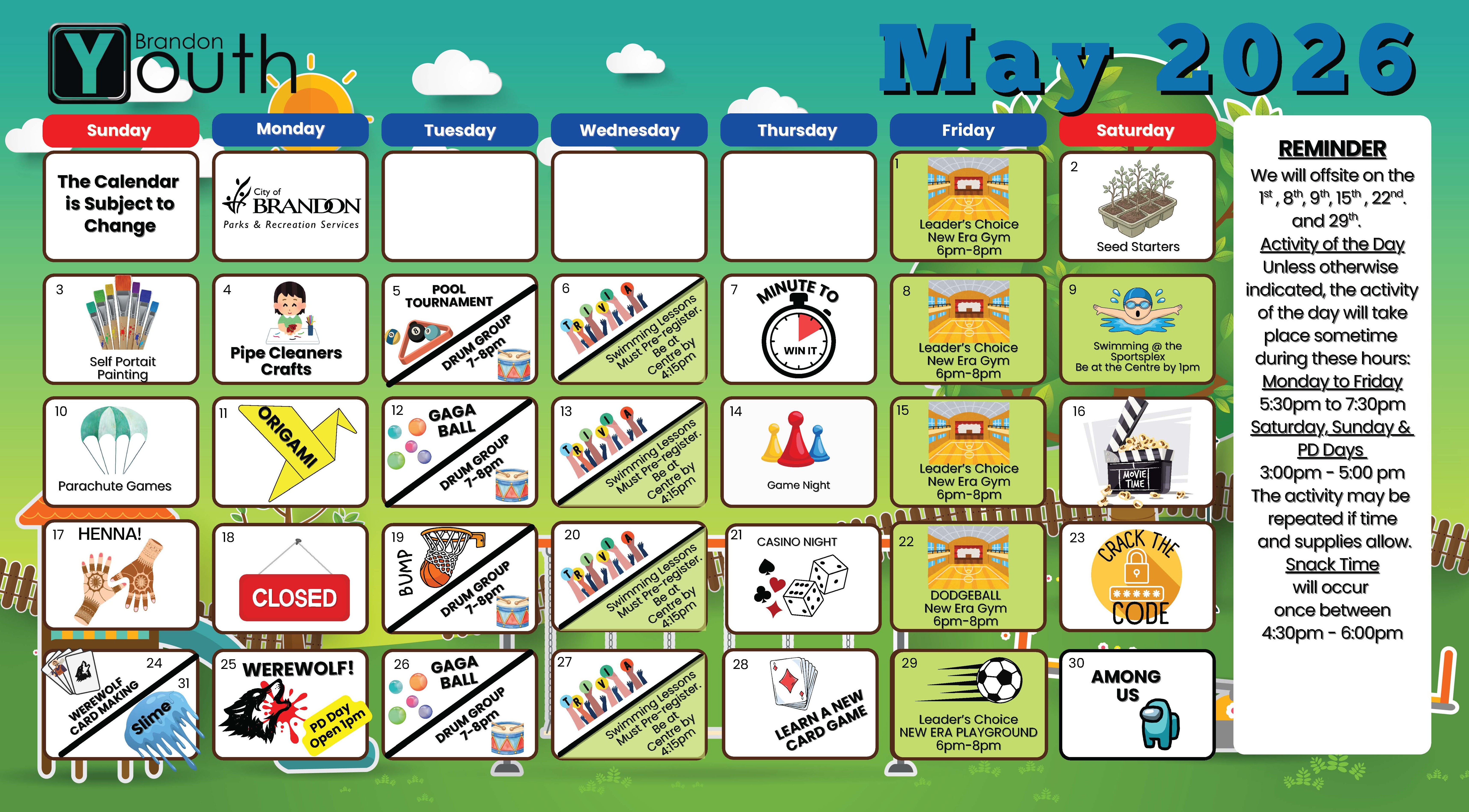 Youth Centre May 2026 Calendar Front