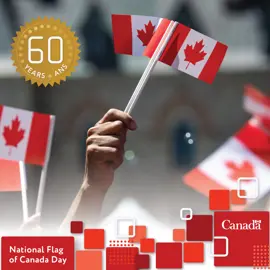 Hand waving two small paper Canadian flags with text that reads "National Flag of Canada Day" and "60 years"