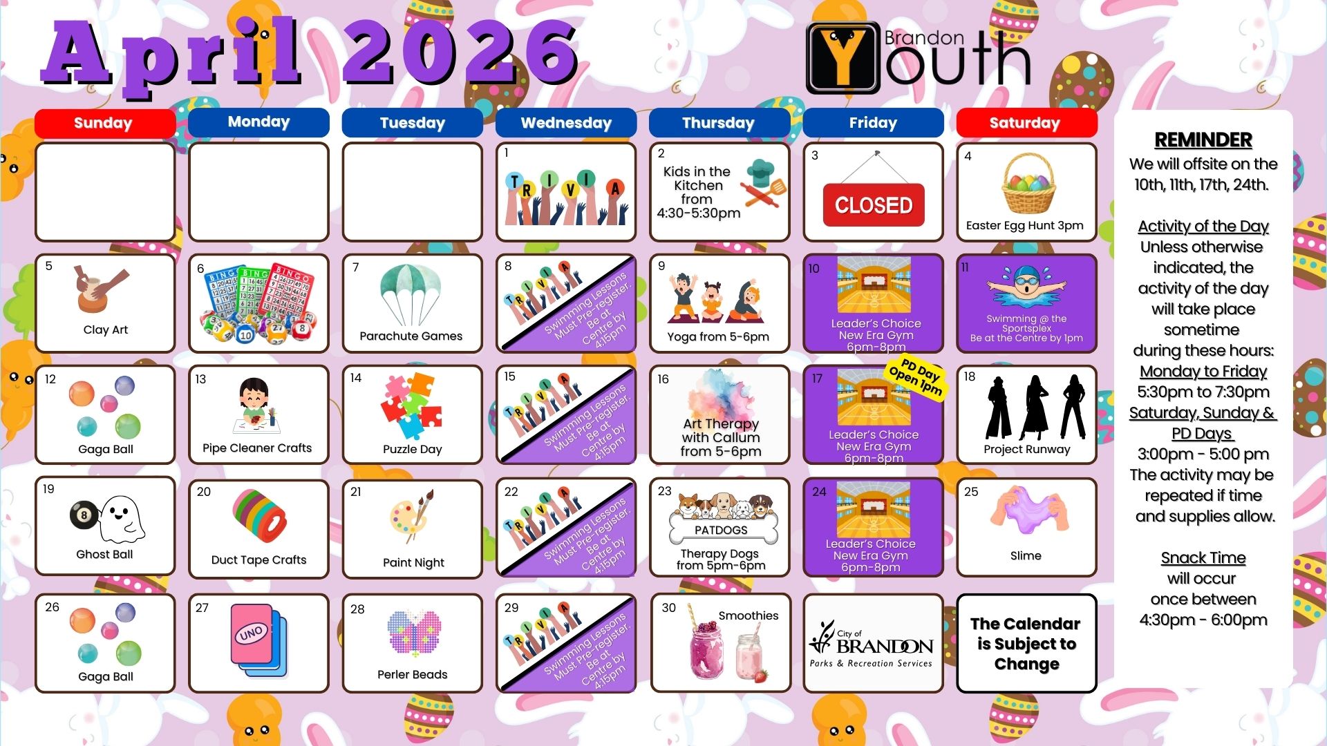 Youth Centre April 2026 Calendar