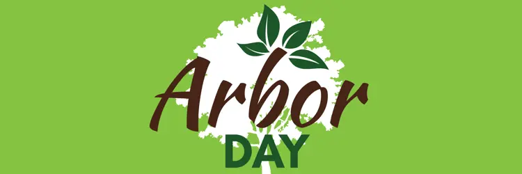 Arbor Day banner with tree silhouette, and brown and green text elements.
