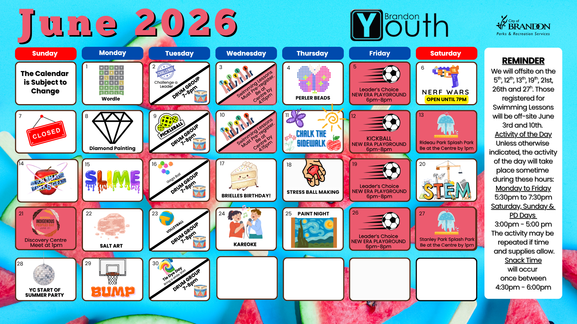 Youth Centre June 2026 Calendar - front